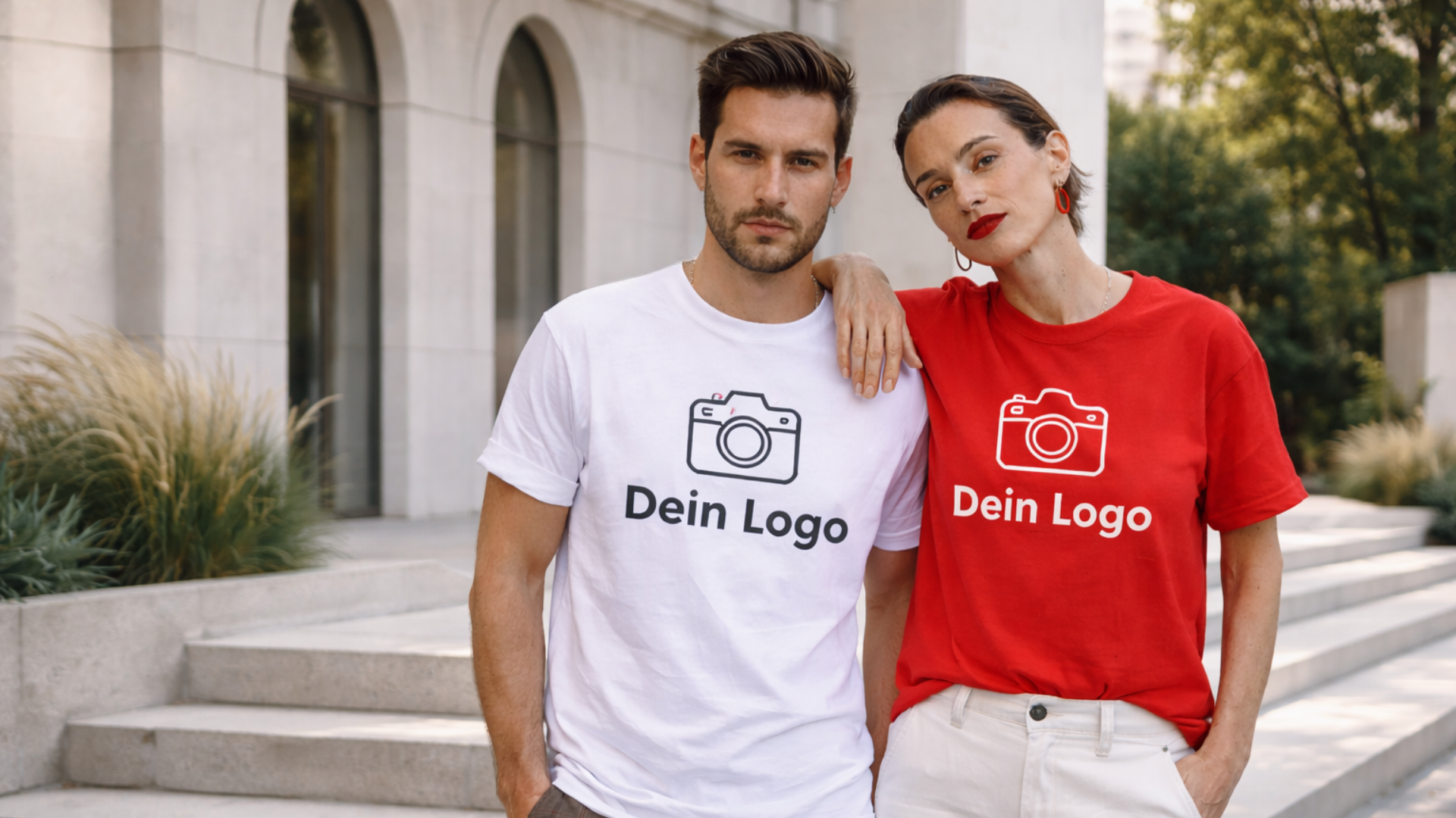 Individuelle T-Shirts bedrucken - Mann und Frau mit bedruckten T-Shirts